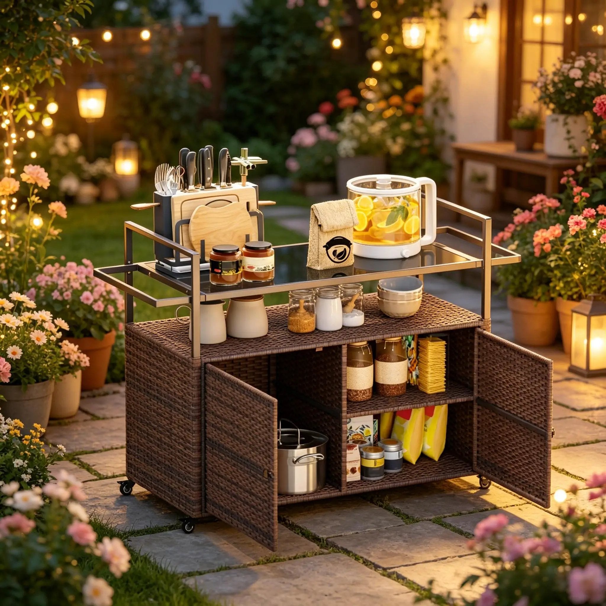 Rattan Storage Cart, Portable Outdoor Serving Cart, Garden Storage Organizer by HouseOfZazla