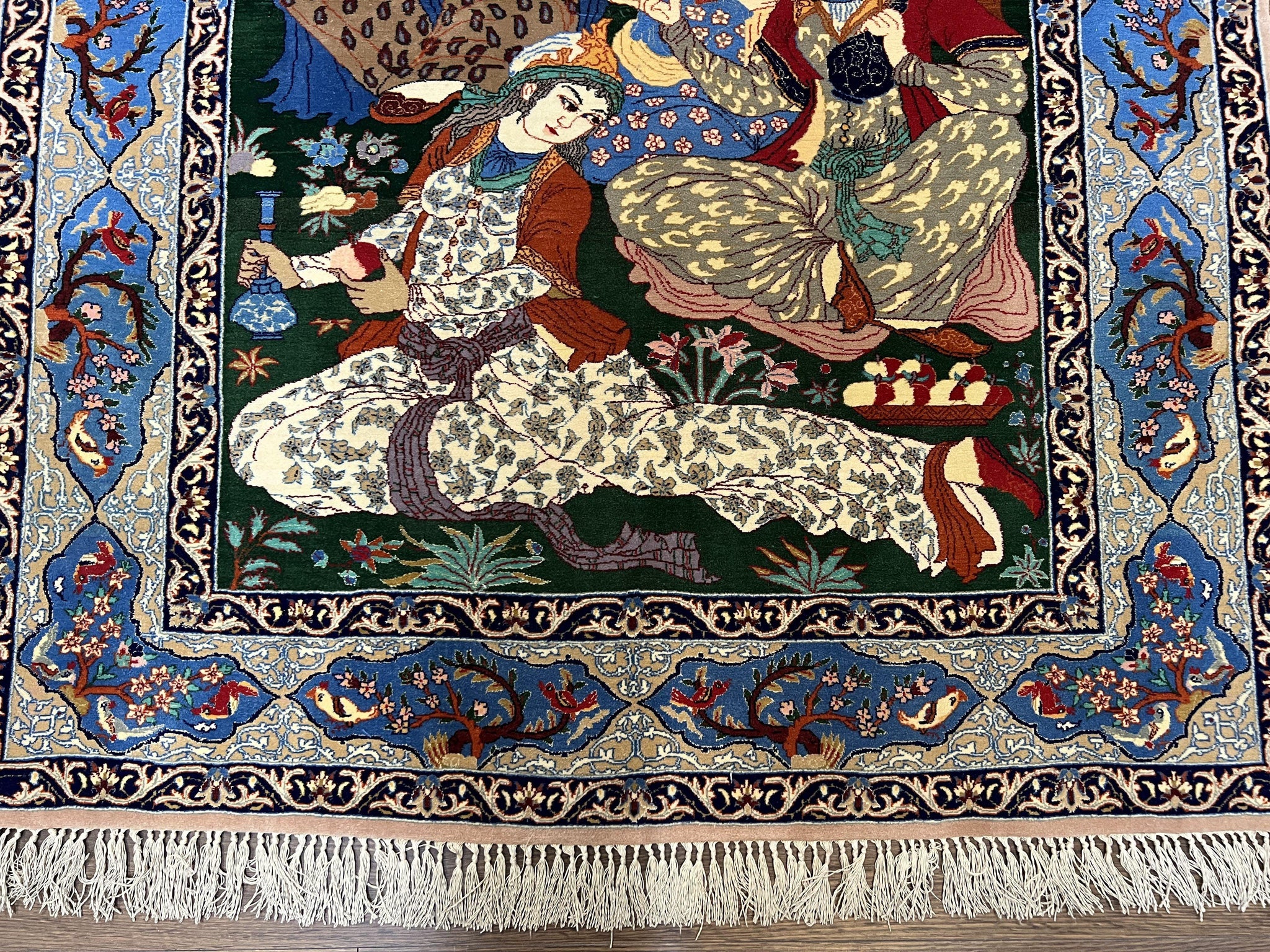 Fine Persian Isfahan Pictorial Rug 3.7 x 5, Kork Wool on Silk Foundation, Blue Persian Carpet, Hand Knotted, Humans Birds, High KPSI, Semi Antique by Jewel Rugs