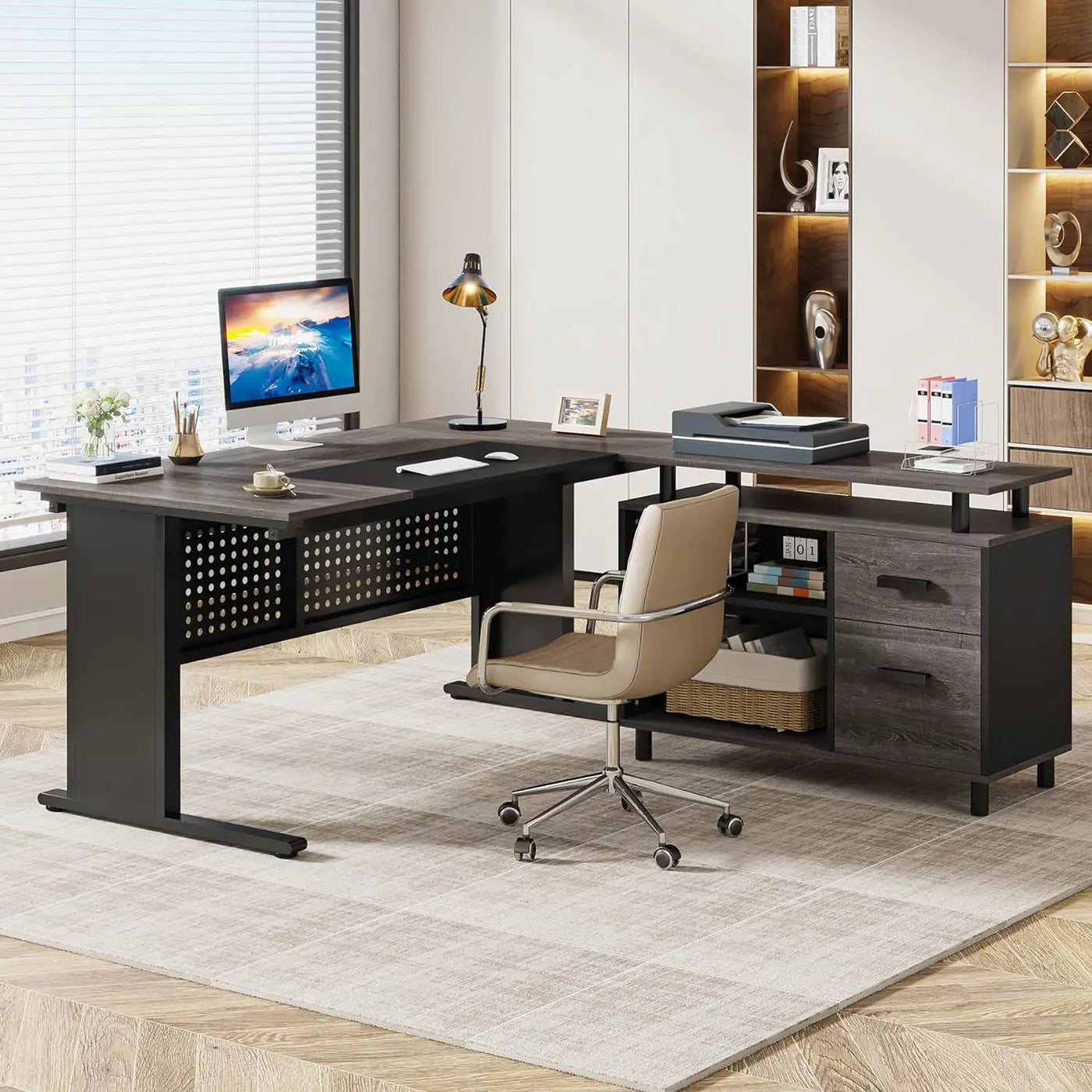 L-Shaped Executive Desk With File Cabinet, Office Workstation With Drawers, Shelves & Storage by HouseOfZazla