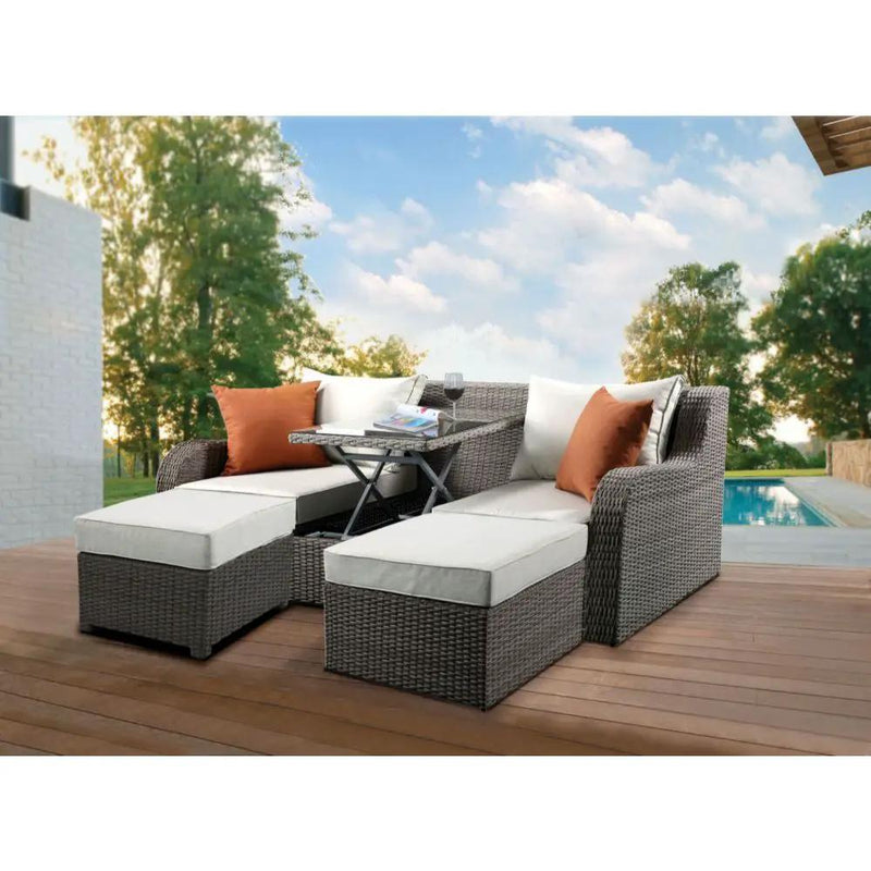 Salena - Patio Sofa With 2 Pillows & 2 Ottomans - Beige Fabric & Gray Wicker by Unique Piece Furniture