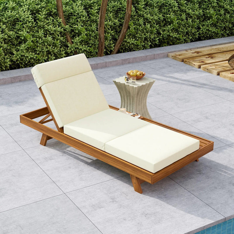Acacia Wood Lounge Chaise Set With Headrest And Water Resistant Cushions - Beige by HouseOfZazla