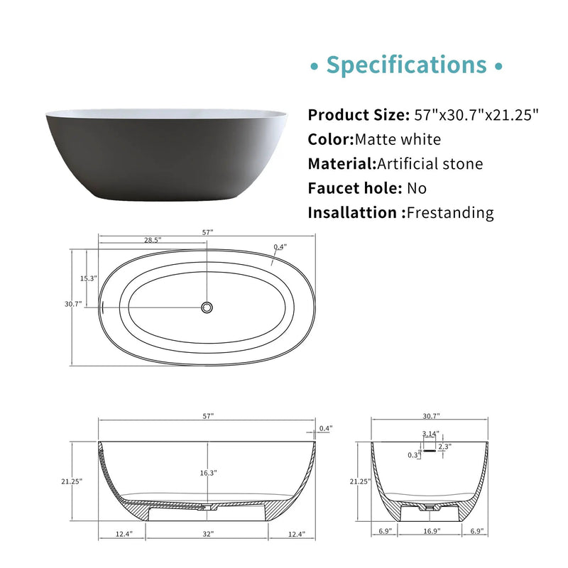 57" Solid Surface Matte Tub by HouseOfZazla