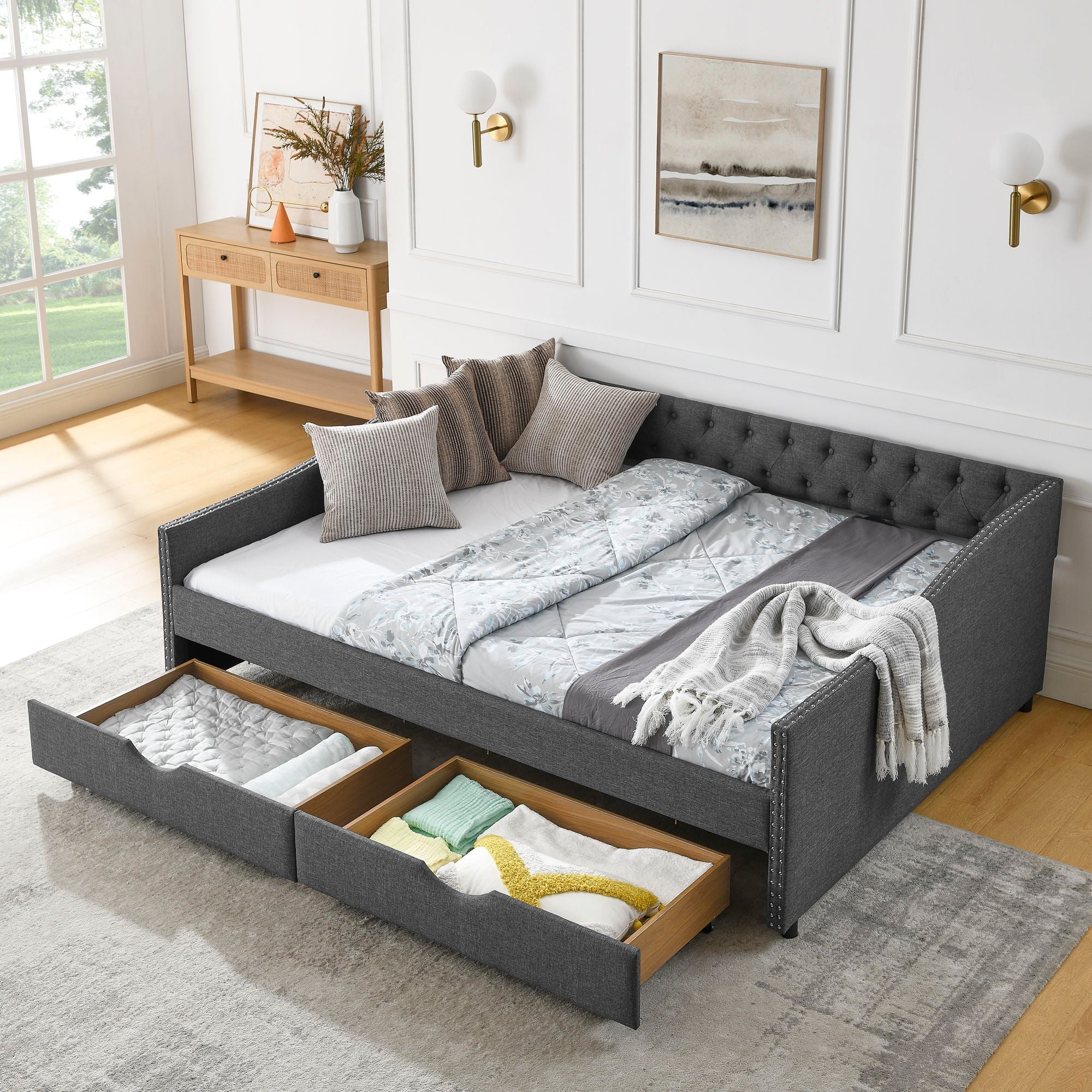 Upholstered Tufted Daybed With 2 Drawers, Waved Arms by Unique Piece Furniture