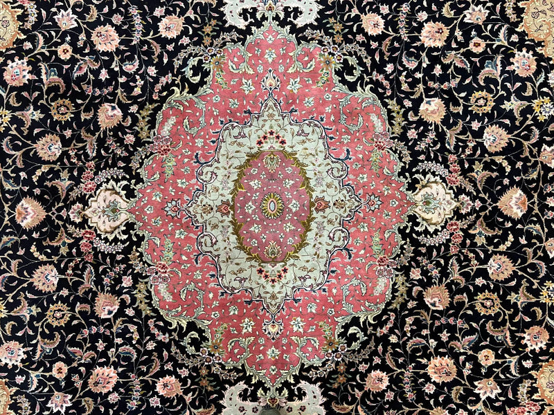Magnificent Persian Tabriz Rug 11x16, Oversized Persian Carpet 11 x 16 ft, Wool on Silk Finely Hand Knotted, 450 KPSI, Floral Medallion, Black Pink by Jewel Rugs