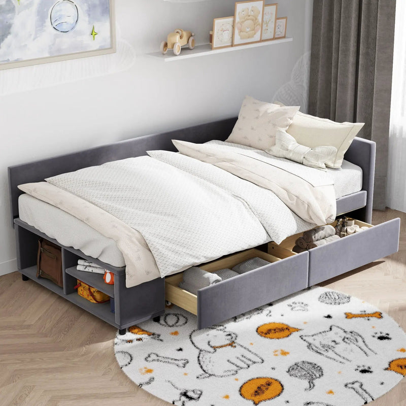 L Shaped Upholstered Platform Bed With Storage And Drawers by HouseOfZazla