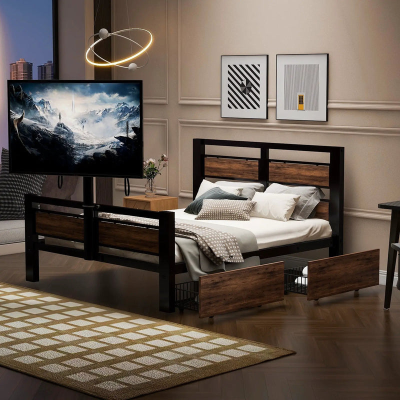 Twin Size Platform Bed With Headboard And Footboard, 2 Storage Drawers And Rotatable TV Stand - Black by Unique Piece Furniture