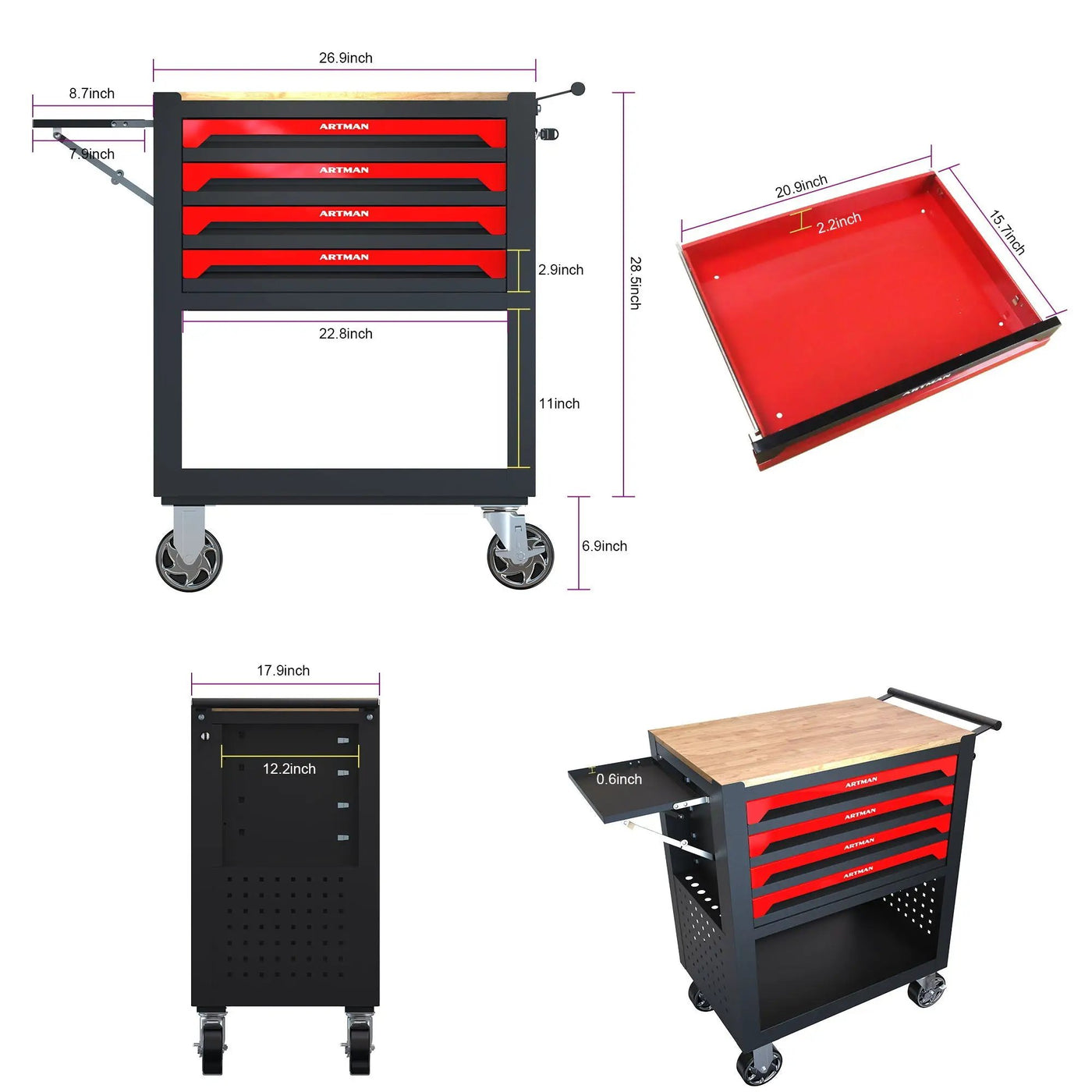 4 Drawers Multifunctional Tool Cart With Wheels And Wooden Top by HouseOfZazla