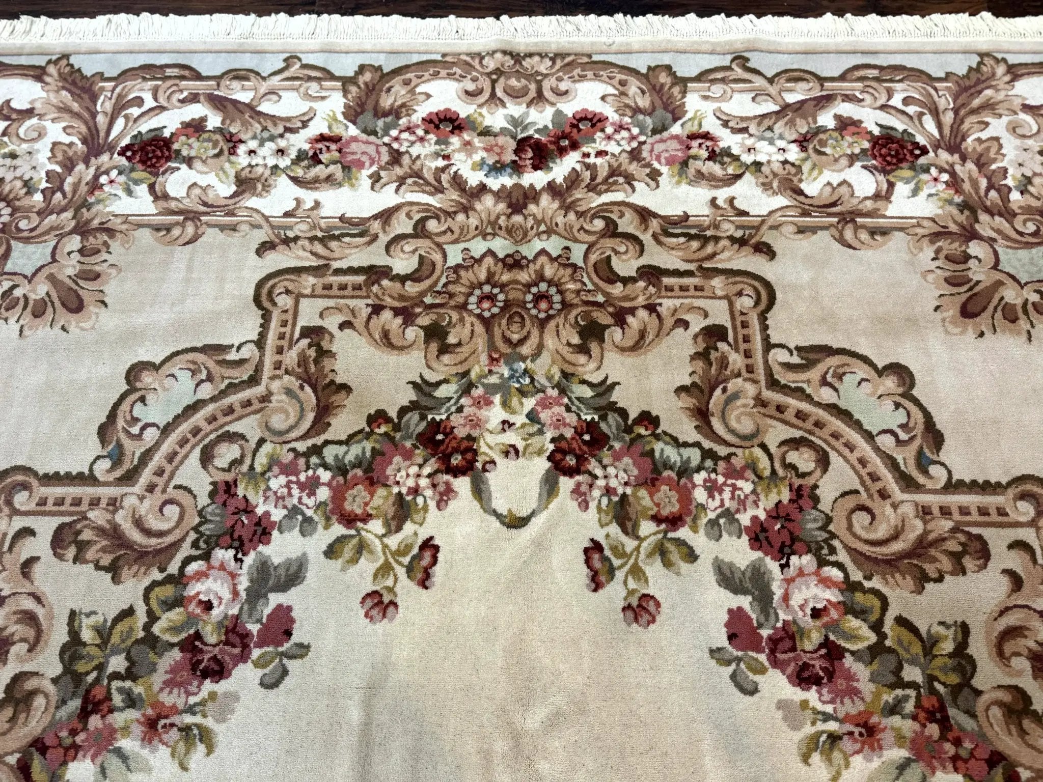 Aubusson Rug 8x12, European French Savonnerie Design, Thick Wool Pile, Elegant Rug, Cream Beige Light Green by Jewel Rugs