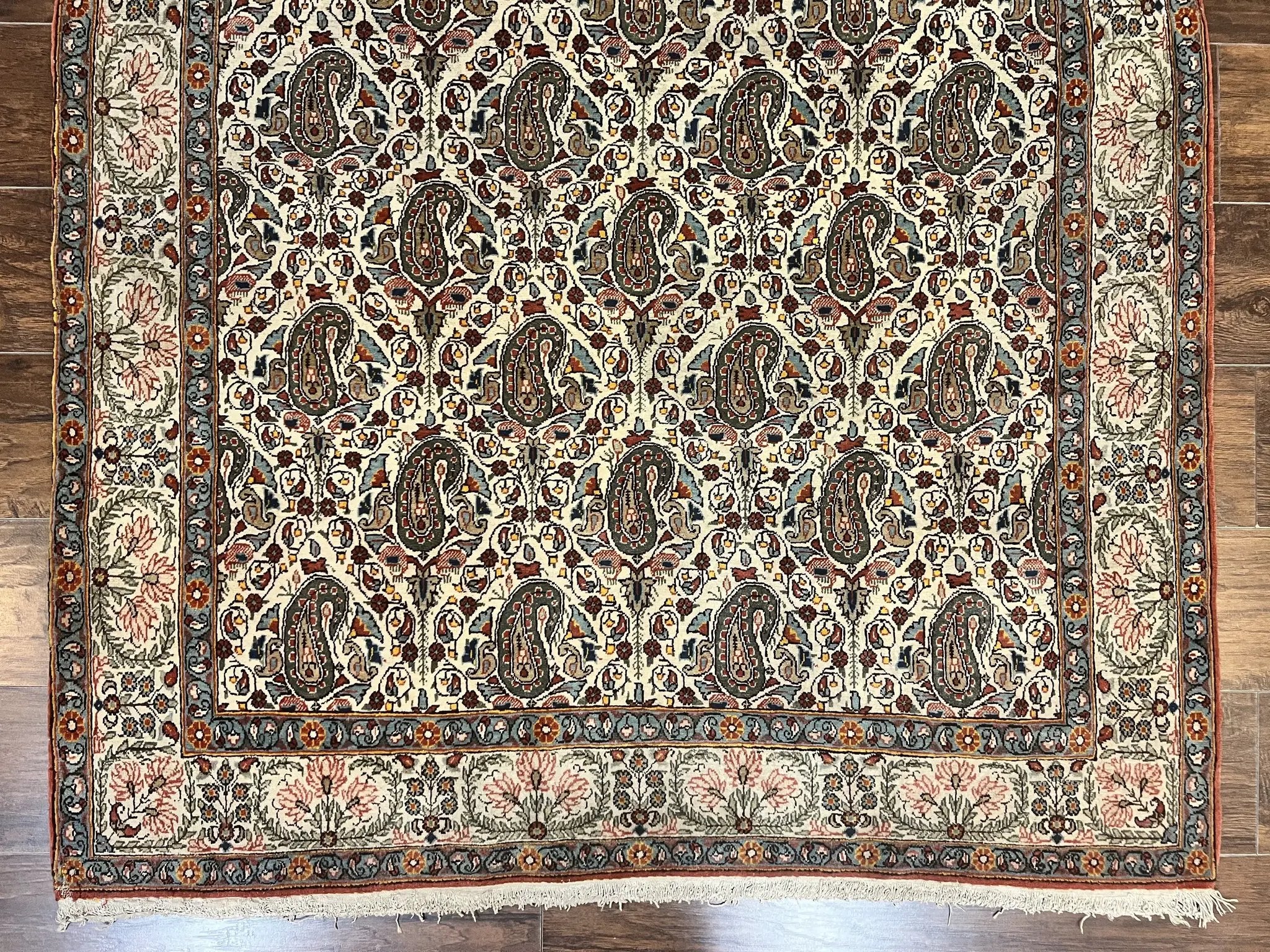 Persian Qum Rug 5x6, Cream Wool Hand Knotted Carpet, Repeated Boteh Paisely Design, Semi Antique Vintage Rug, Very Fine Weave 5 x 6 Rug by Jewel Rugs