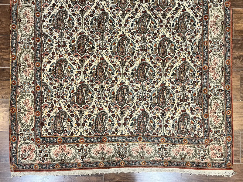 Persian Qum Rug 5x6, Cream Wool Hand Knotted Carpet, Repeated Boteh Paisely Design, Semi Antique Vintage Rug, Very Fine Weave 5 x 6 Rug by Jewel Rugs