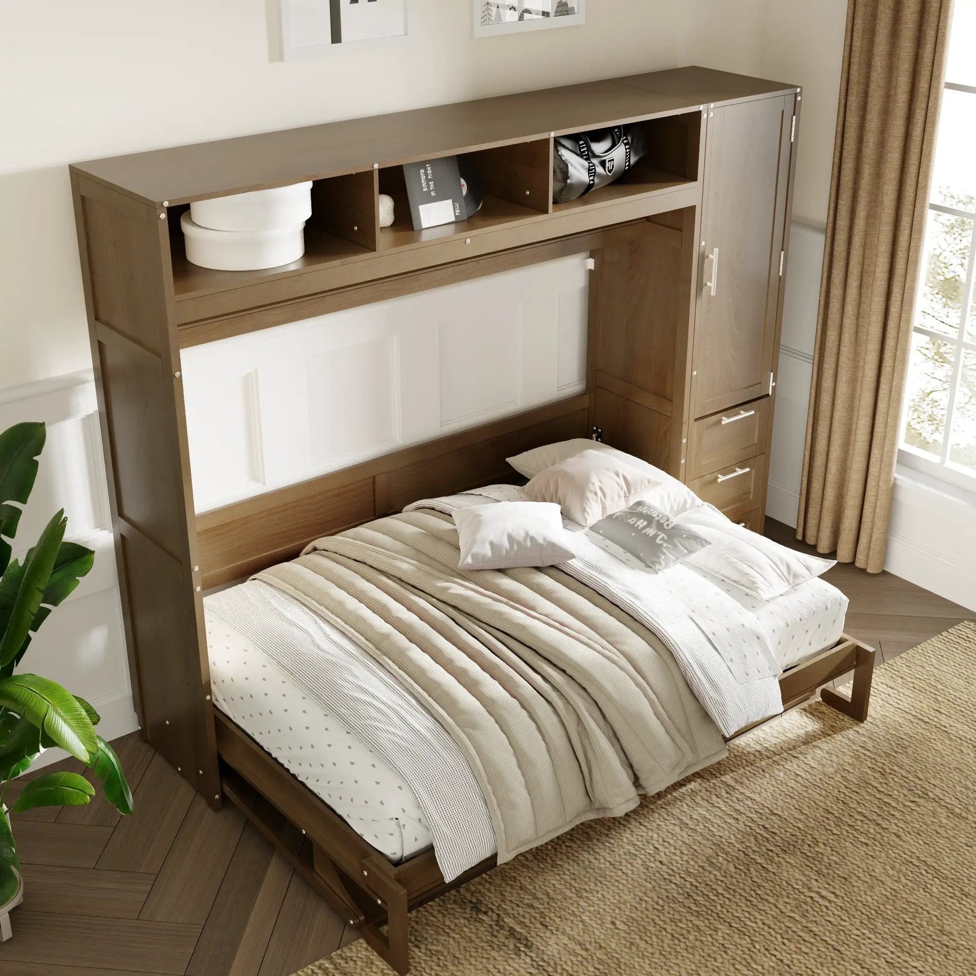 Full Size Murphy Bed With Wardrobe, Drawers, And Open Shelves - Wood by HouseOfZazla