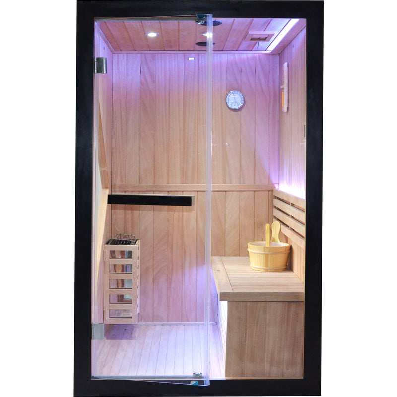 African Pine Indoor Sauna with Double Stove & LED Lighting - Natural Pine, photo 5 of 10