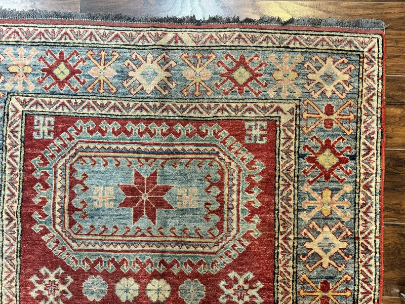 Turkish Kazak Rug 4x6, Handmade Vintage Wool Carpet, Geometric Design, Red and Light Blue by Jewel Rugs