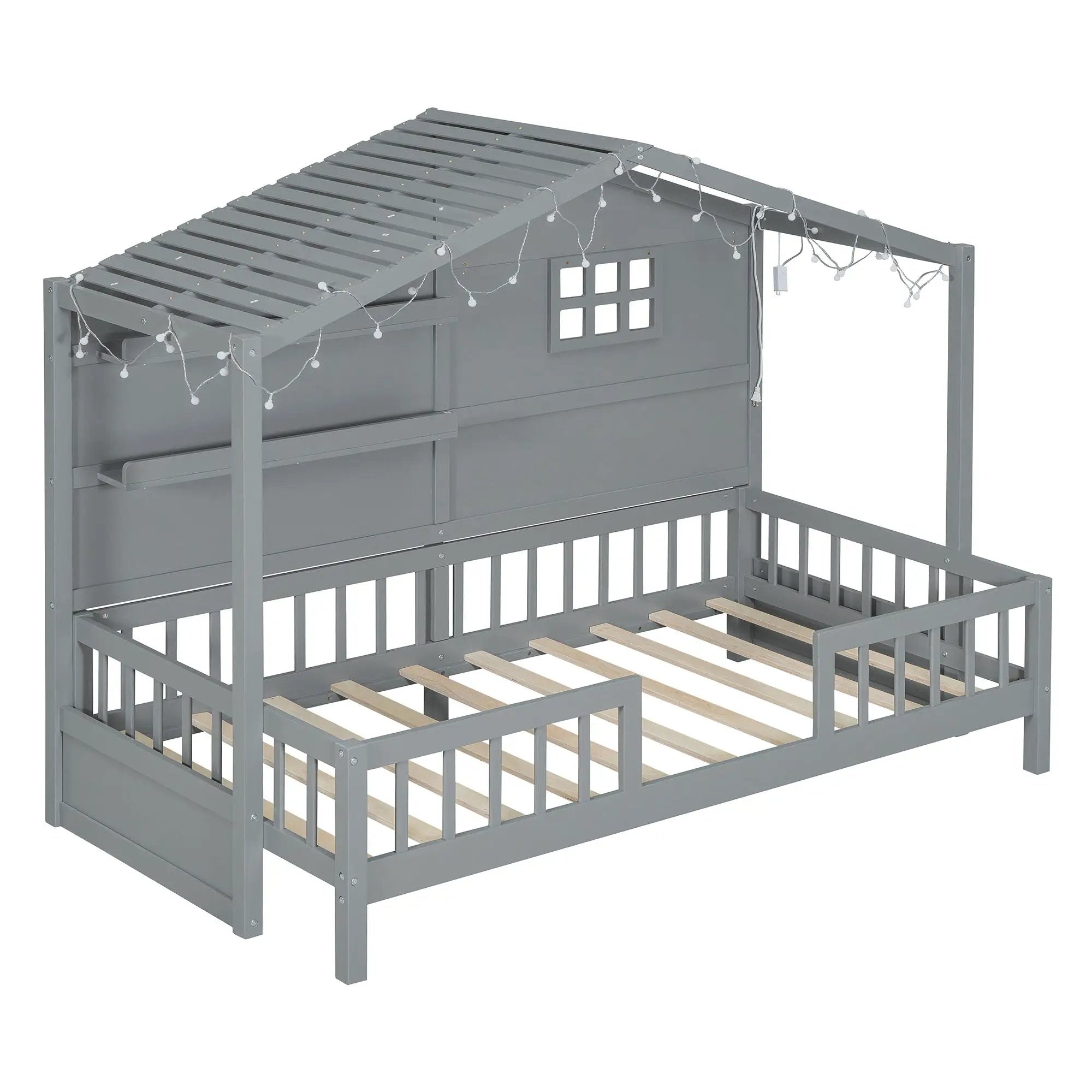 House Bed With Shelves, Window And Sparkling Light Strip On The Roof by HouseOfZazla