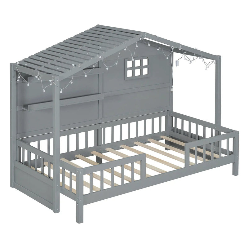 House Bed With Shelves, Window And Sparkling Light Strip On The Roof by HouseOfZazla