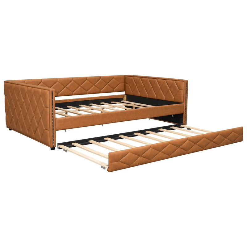 Upholstered Full Long Daybed With Trundle And LED Armrests - Brown by Unique Piece Furniture