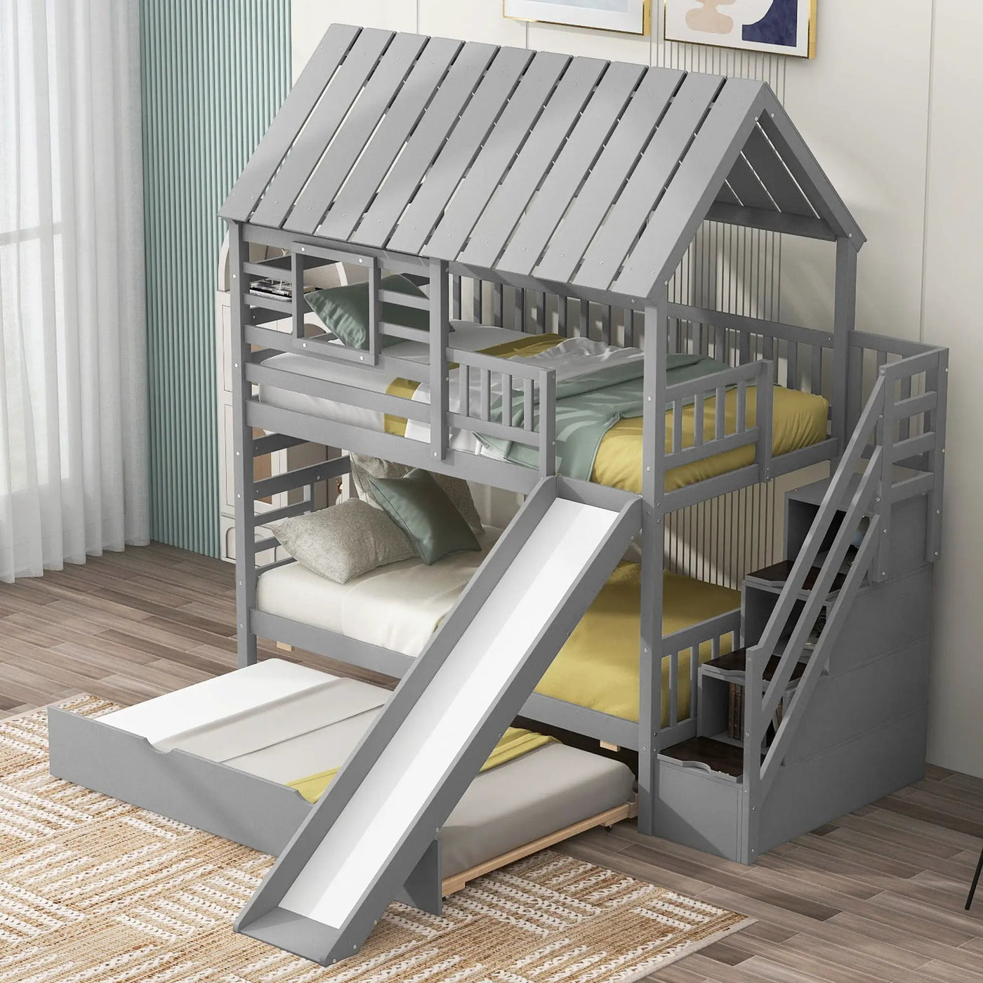 House Bunk Bed With Trundle, Storage Staircase, Roof And Window Design by Unique Piece Furniture