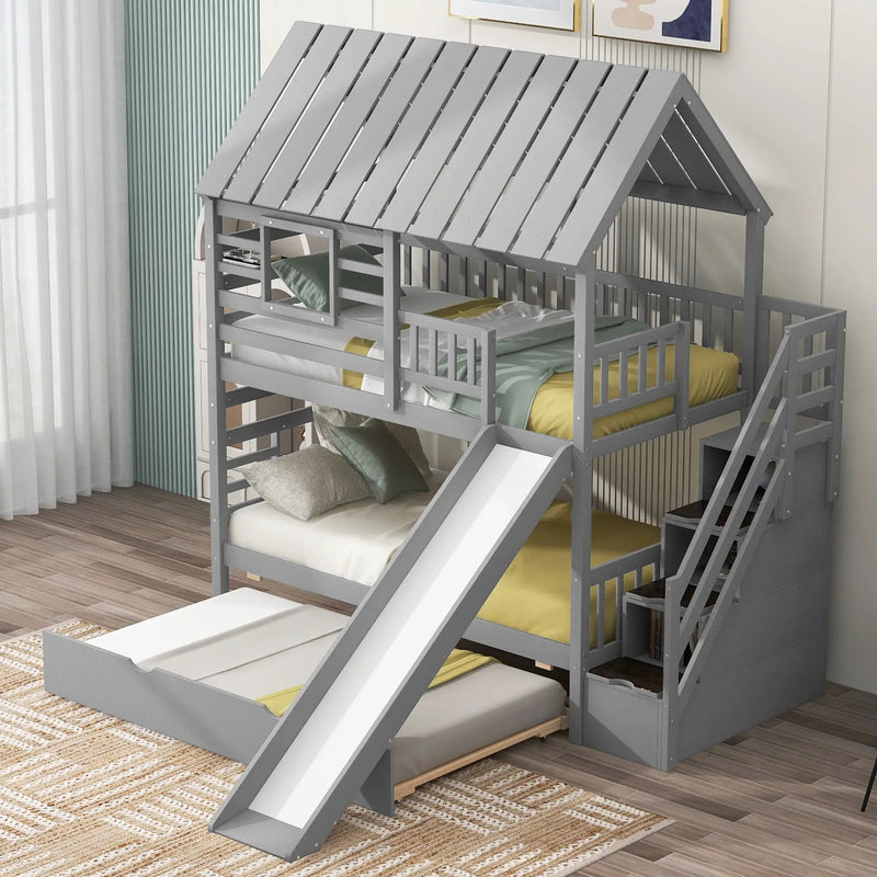 House Bunk Bed With Trundle, Storage Staircase, Roof And Window Design by HouseOfZazla