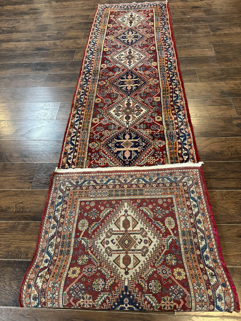 Antique Persian Qashqai Runner Rug 3 x 13 ft, Tribal Runner, Geometric Medallions, Red Ivory Blue, Wool by Jewel Rugs