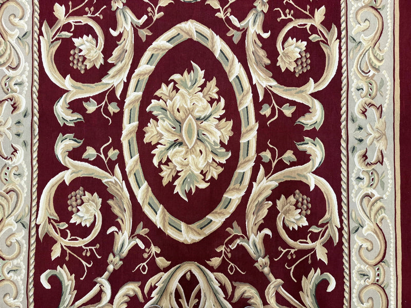 Burgundy Aubusson Rug 6x9, Vintage Wool Carpet by Jewel Rugs