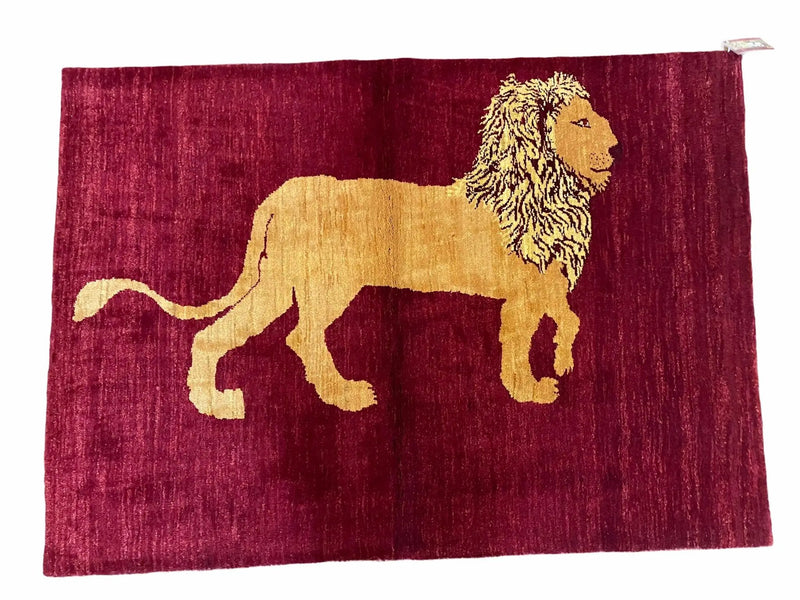 3.5 X 5 Handmade Rug Vintage New Rug Quality Wool Lion Red Veggy Dyes Pictorial by Jewel Rugs