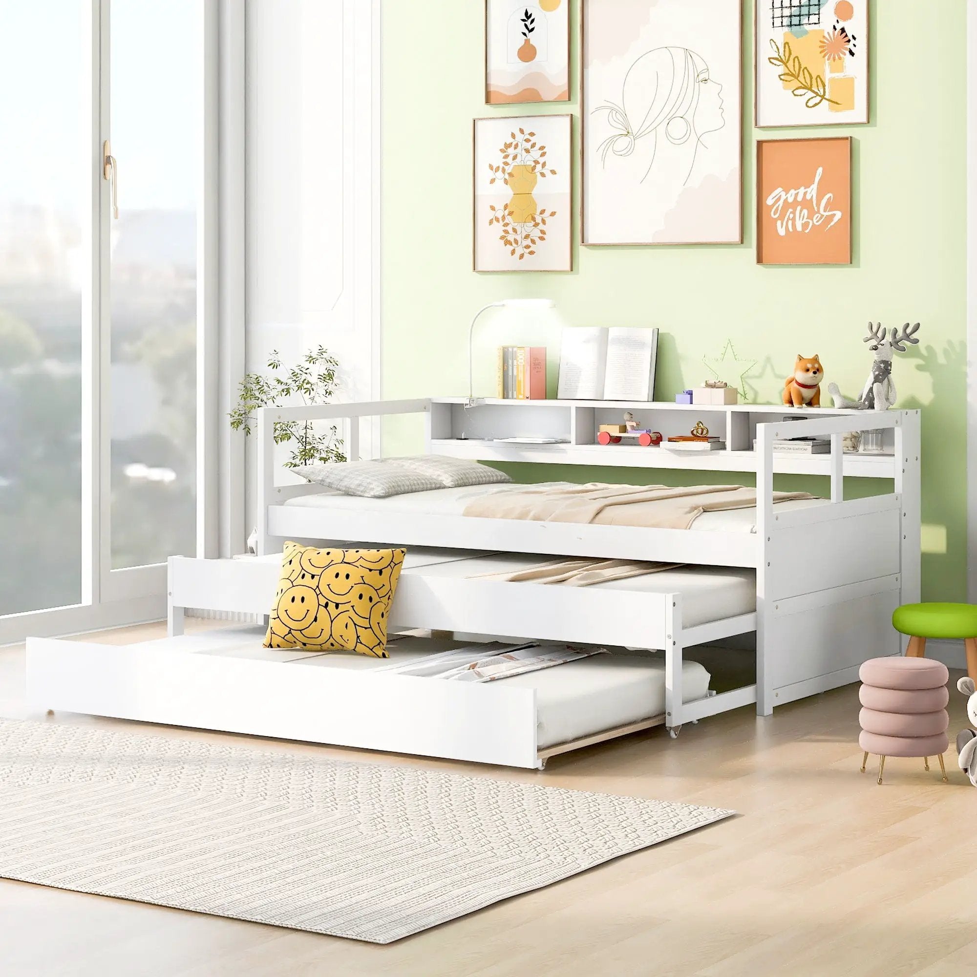 Daybed With 2 Trundles, 3 Storage Cubbies, Built In USB Charging Light by HouseOfZazla