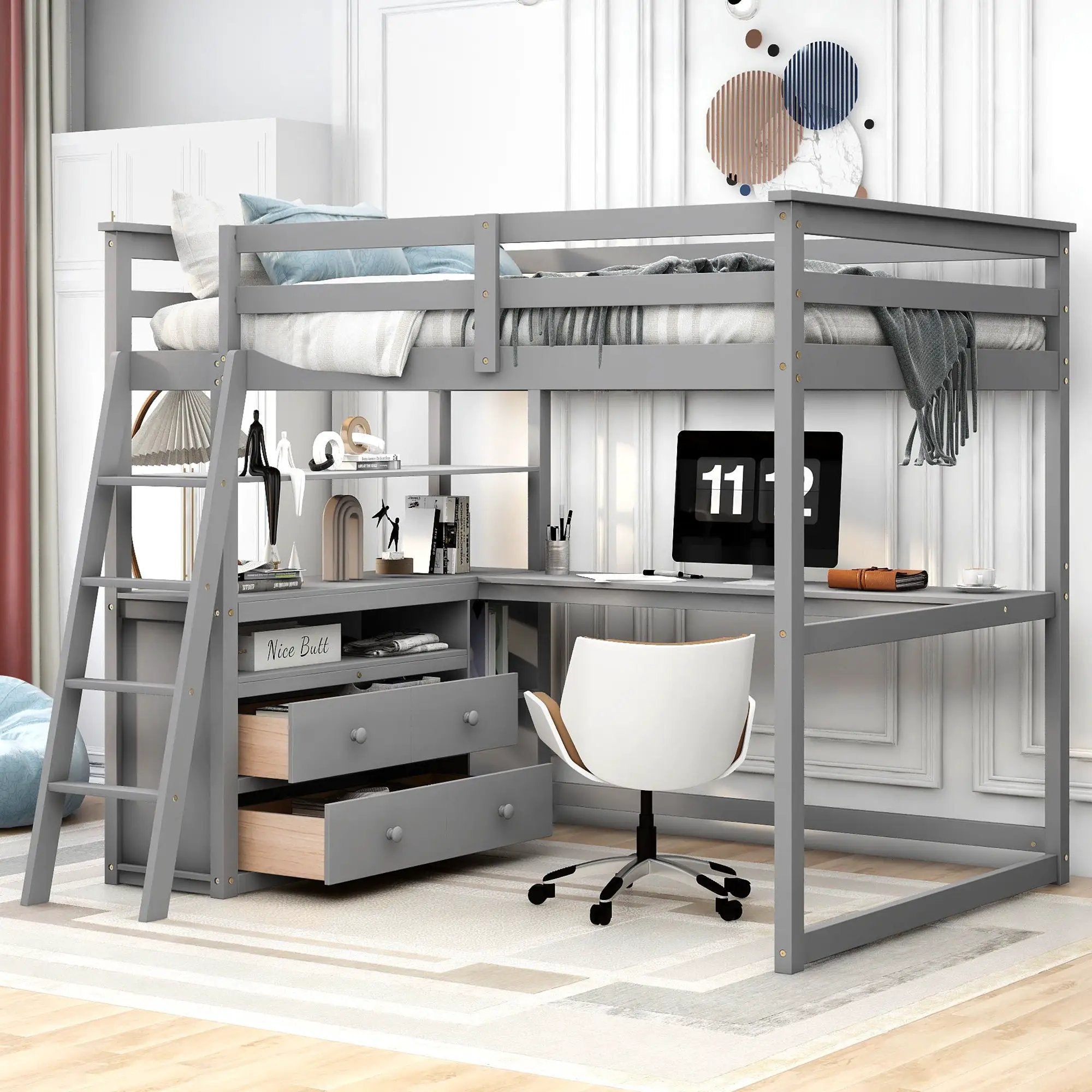 Modern Loft Bed With Built In Desk, Shelves, And 2 Drawers by HouseOfZazla