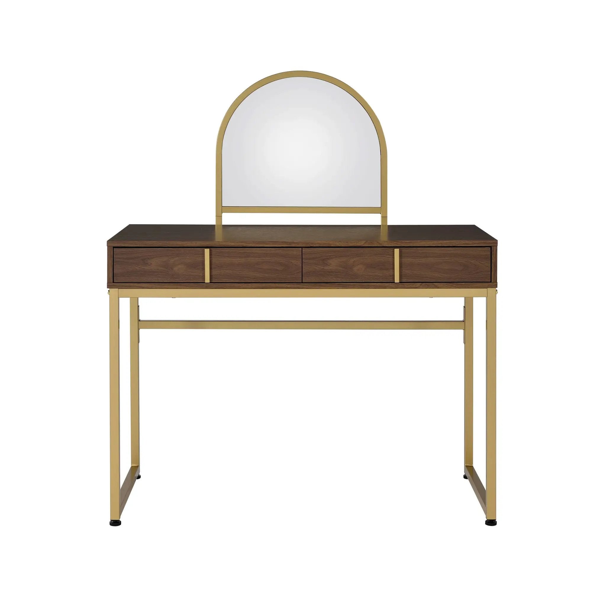 Coleen Walnut & Gold Finish Vanity Desk with Mirror & Jewelry Tray by HouseOfZazla