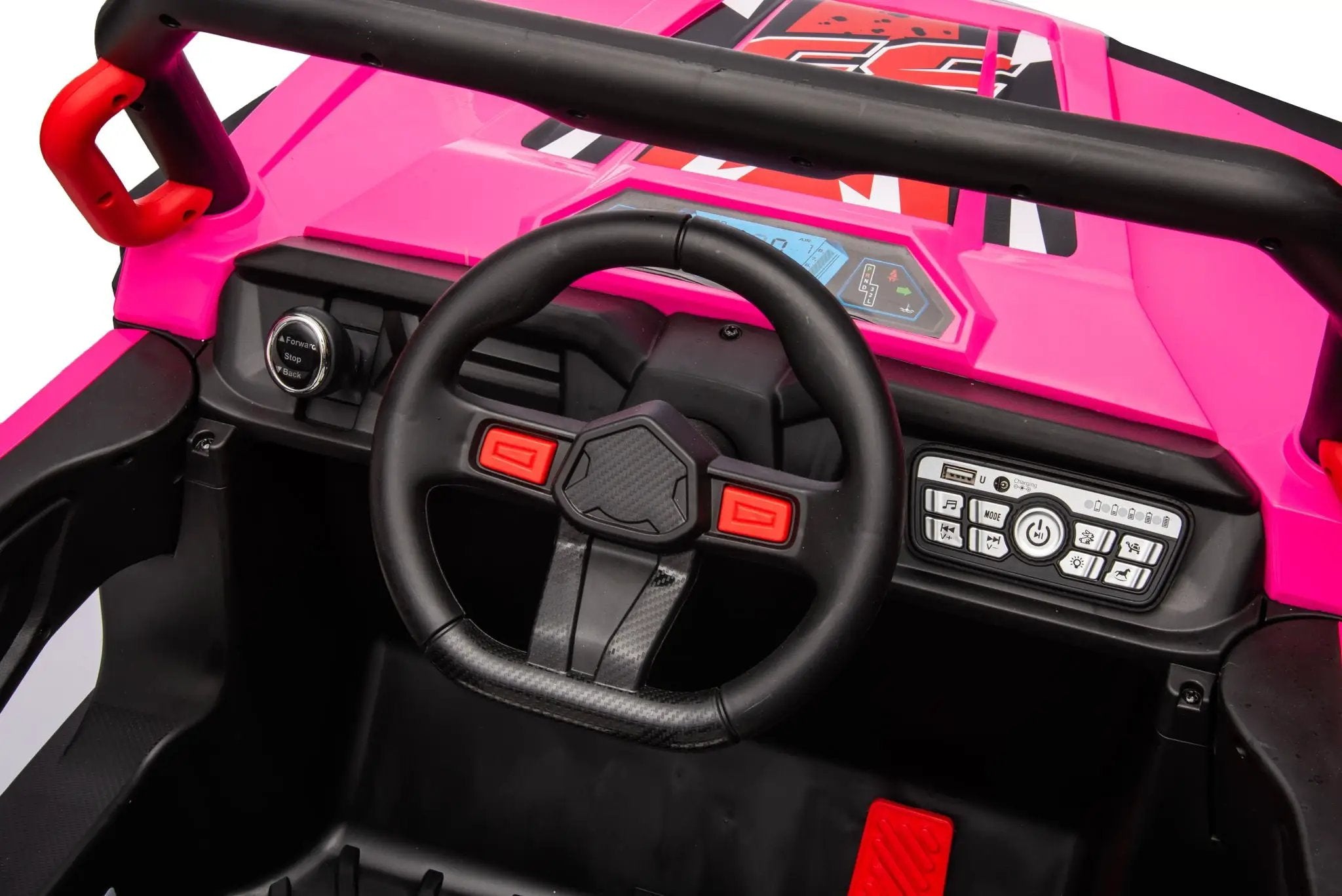 12V7A*1 30W*4 Four-Wheel Drive Seat One Button Start, Forward And Backward, High And Low Speed, Music, Front Light, Power Display, Two Doors Can Open, 2.4G R / C, Seat Belt Four Wheel Absorber by HouseOfZazla