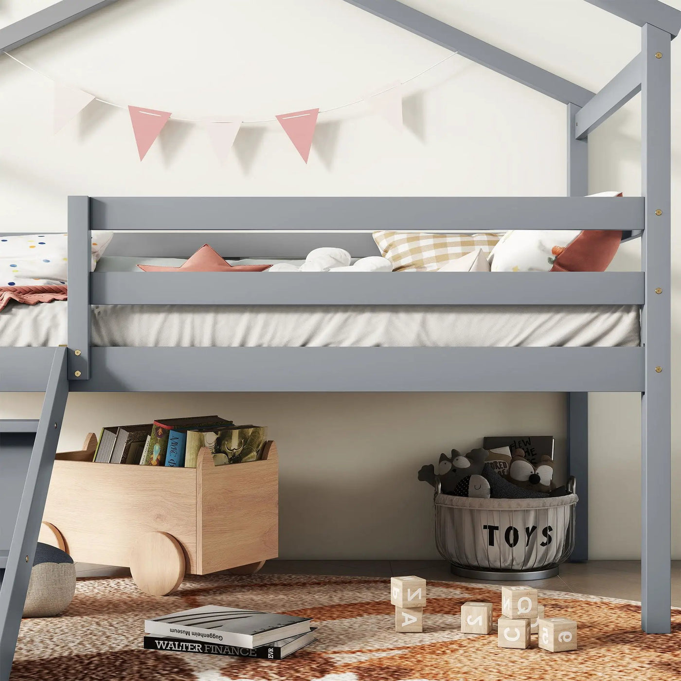Low Loft House Bed With Slide, Ladder, Safety Guardrails, House Roof Frame by Unique Piece Furniture