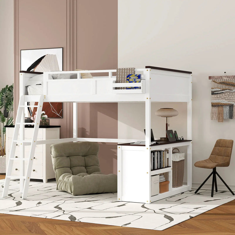 Queen Size Loft Bed With Desk, Open Shelf, Storage Box And USB Charging Station - White by HouseOfZazla