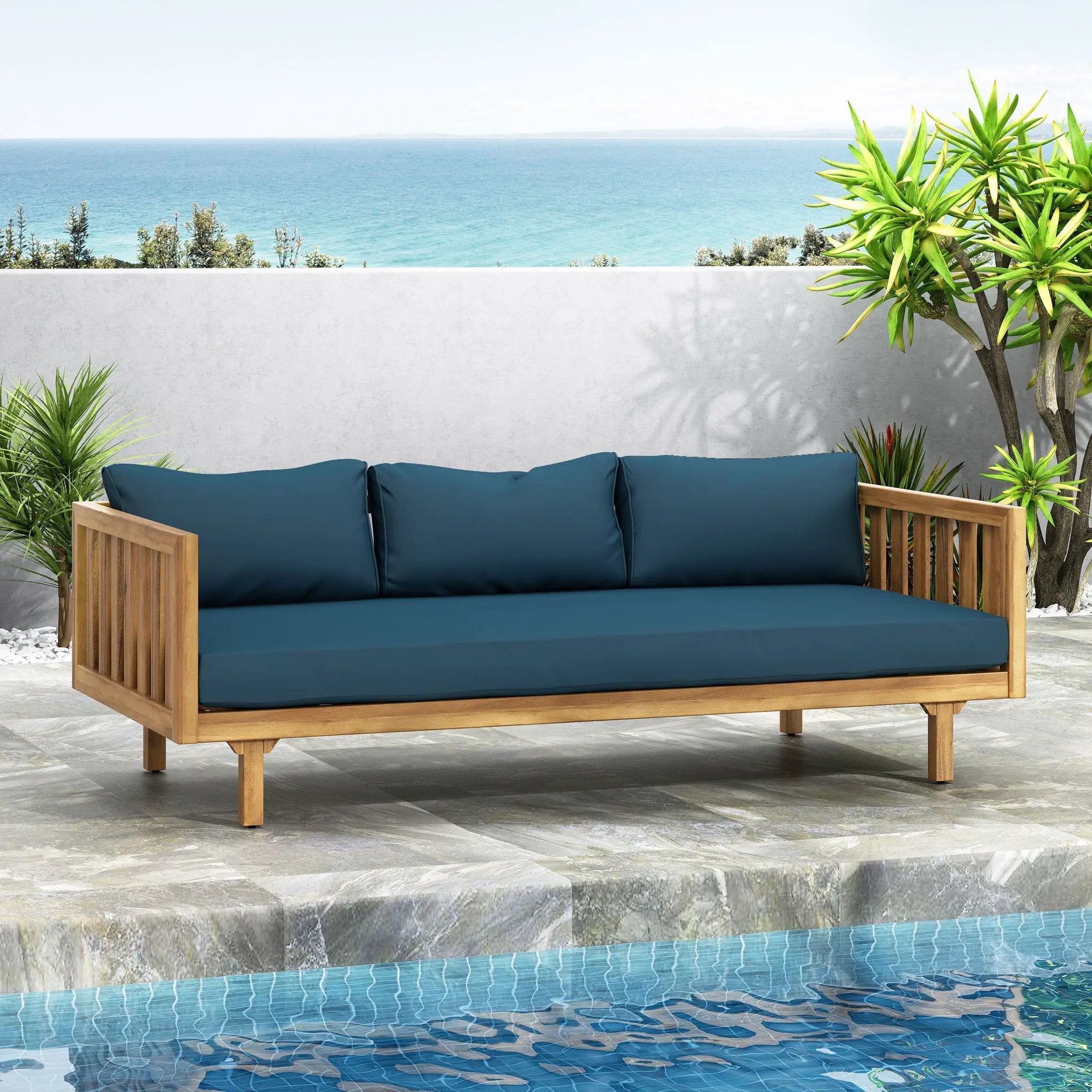 Claremont 3 Seater Daybed Teak Acacia Wood Water Resistant Cushions by HouseOfZazla