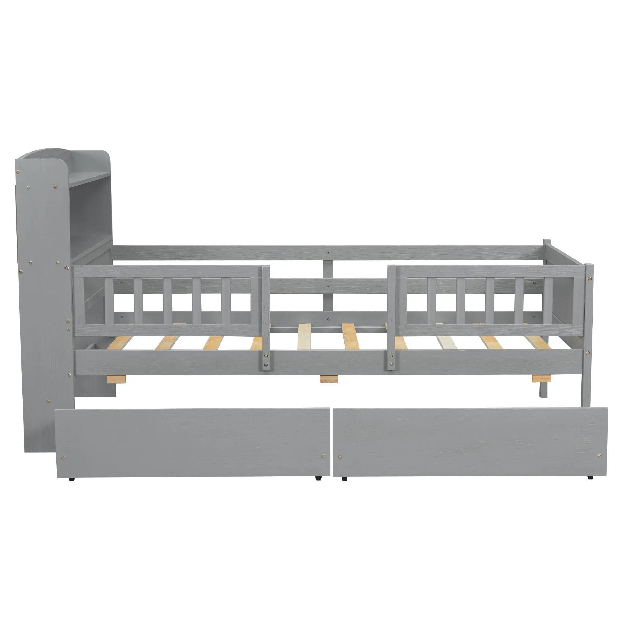 Platform Bed With LED Light, Multi Functional Headboard, Guardrail And 2 Drawers