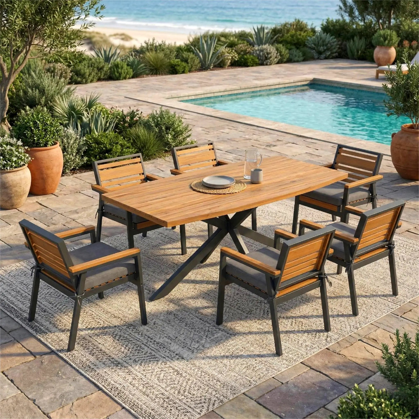 Modern 7-Piece Dining Set with Acacia Wood and Iron Frame by HouseOfZazla