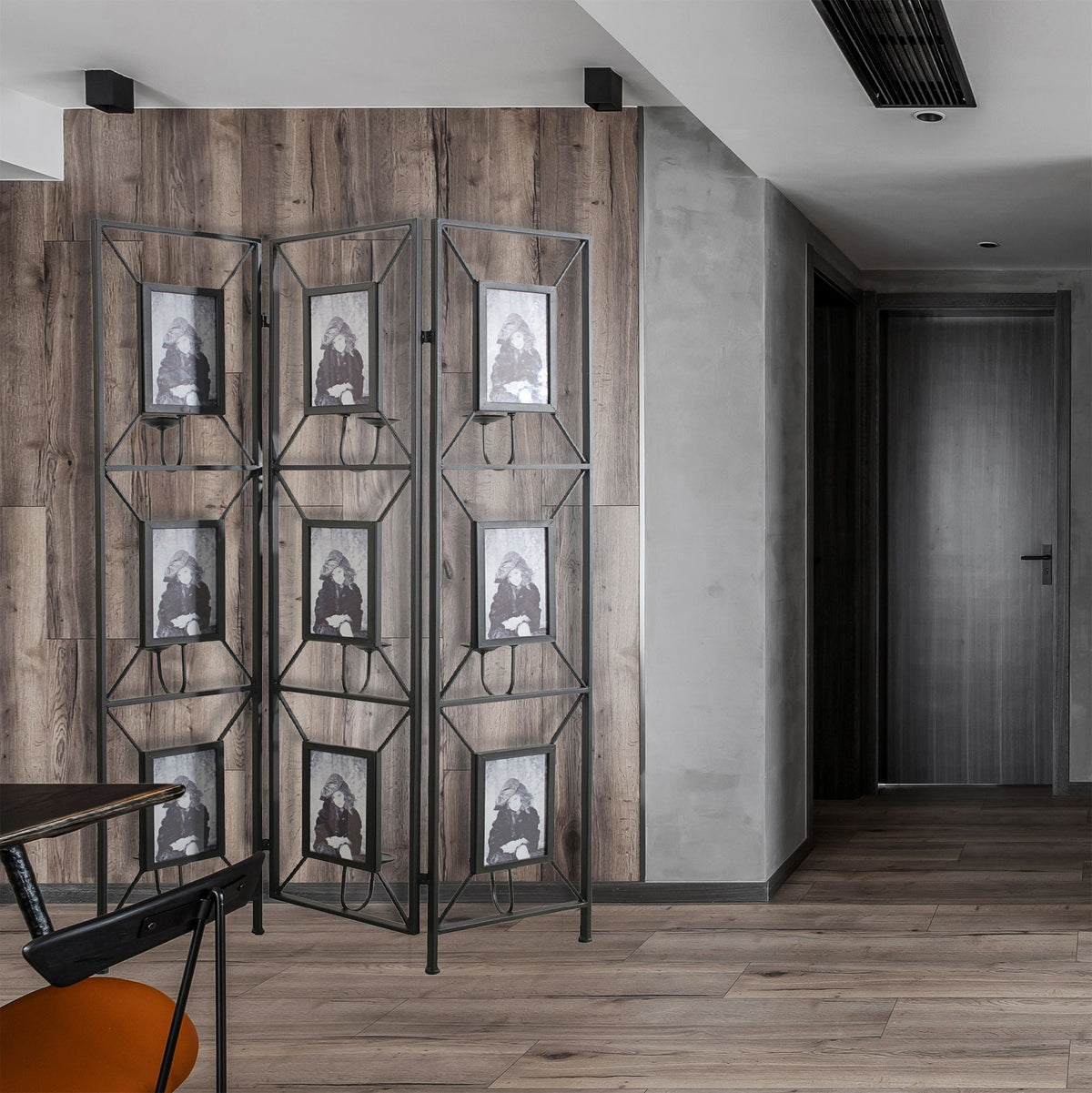 Black Room Divider with Photo Frames, Antique Mirror & Candlesticks - 71" Tall, photo 5 of 6