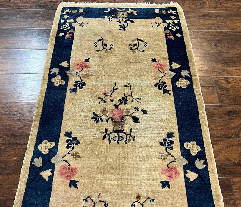 Antique Chinese Peking Rug 3x6, Beige and Dark Blue Hand Knotted Handmade Asian Oriental Carpet, Floral Vases, Vintage Wool Art Deco Rug by Jewel Rugs
