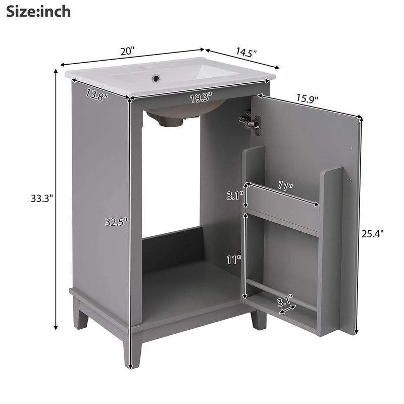Modern Small Bathroom Vanity Cabinet With Ceramic Basin, Ample Storage, 1 Soft Close Door by HouseOfZazla
