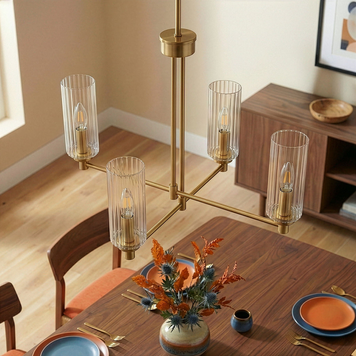 Enigma 4 Lights Chandelier With Clear Ribbed Satin - Antique Brass, photo 6 of 7
