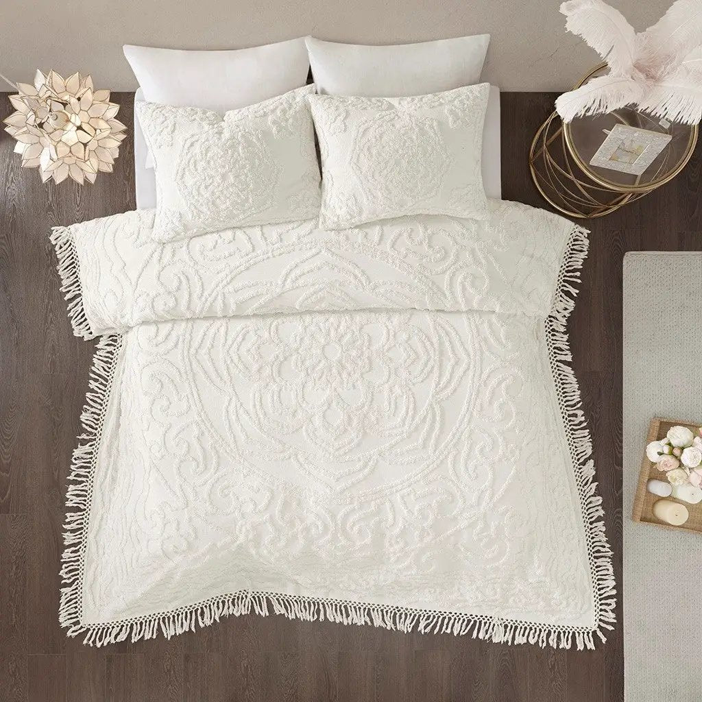 Tufted Cotton Chenille Medallion Fringe Coverlet Mini Set - Off-White by HouseOfZazla