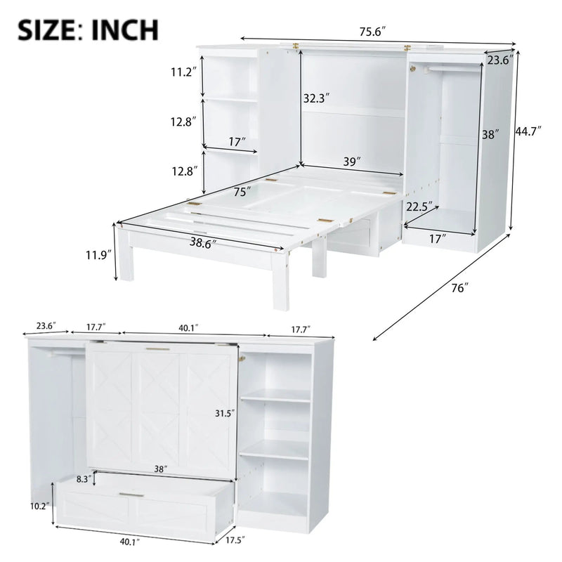 Twin Size Murphy Bed With Bedside Shelves And Wardrobe - White by Unique Piece Furniture