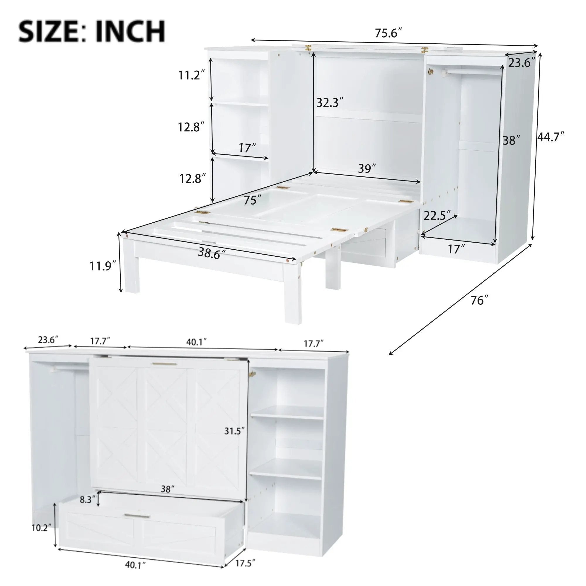 Twin Size Murphy Bed With Bedside Shelves And Wardrobe - White