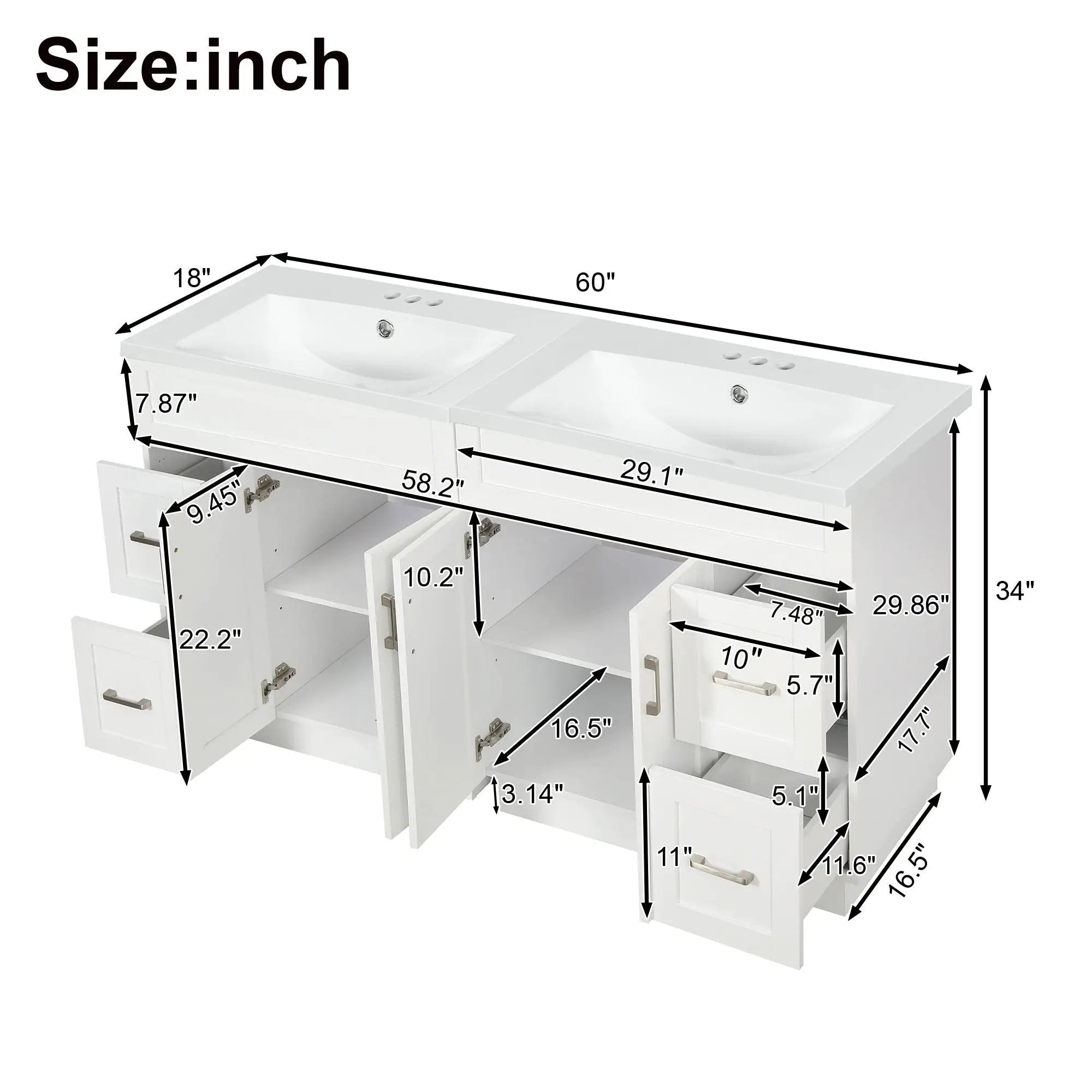 Bathroom Vanity With 2 Doors, 2 Drawers, Adjustable Shelf, Hidden Slides & Soft Close Hinges