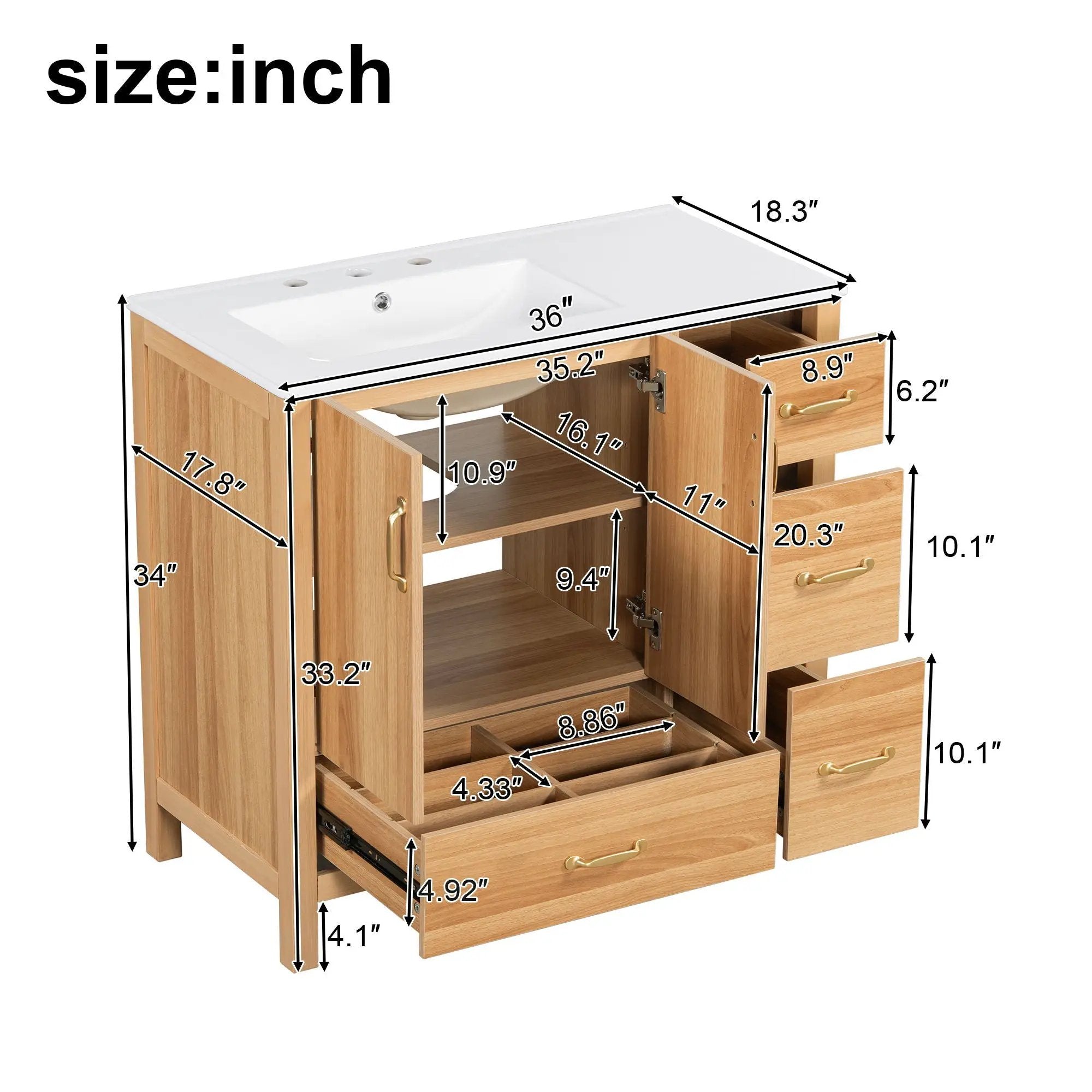 36" Bathroom Vanity, 2 Soft Close Doors, 4 Soft Close Drawers, Adjustable Shelf, Storage Cabinet - Acacia Wood by HouseOfZazla
