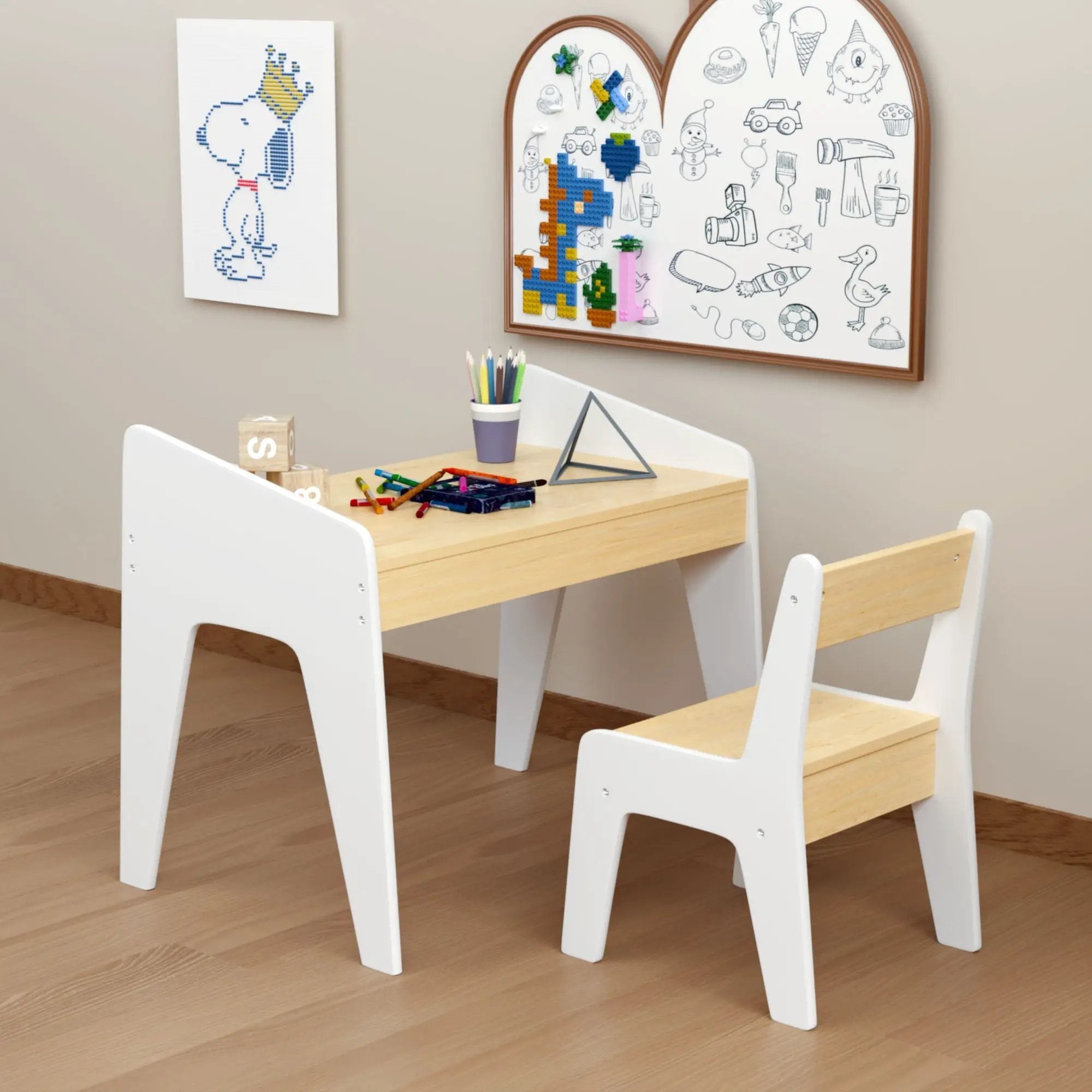 Table Set With 1 Chair, Children Study Table For Ages 2 - 8 - White by HouseOfZazla