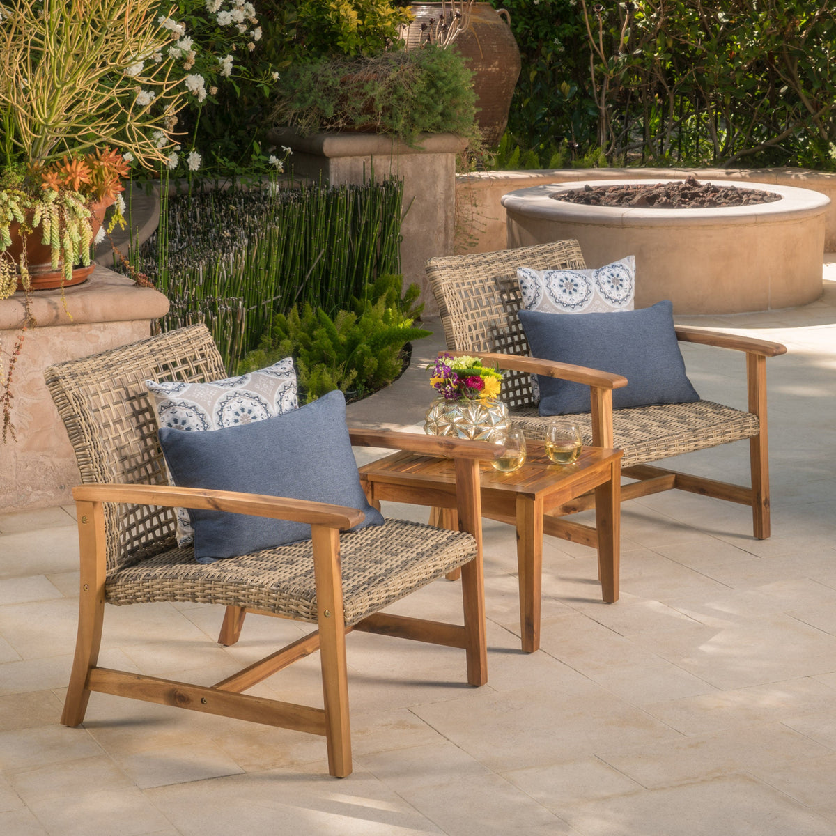 Outdoor Acacia Wood Wicker Club Chairs with Acacia Wood Frame - 2-Pcs Set, photo 3 of 10