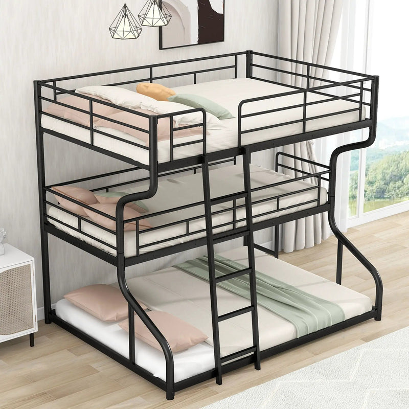 Industrial Triple Bunk Bed With Dual Ladders Frame, Space Saving Design by Unique Piece Furniture