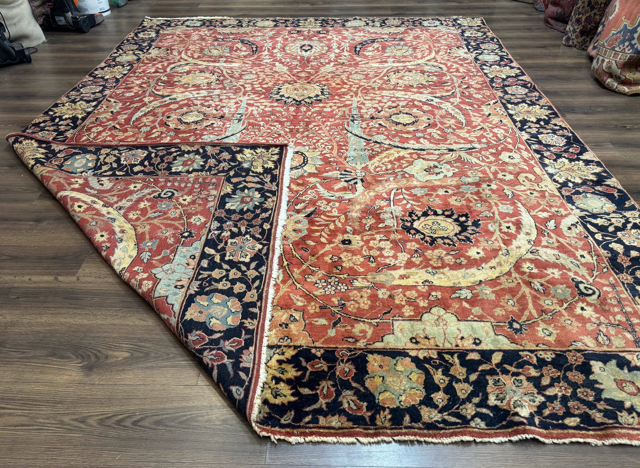 Indian Agra Rug 9x11, Terracotta and Navy Blue, Sickle Leaf Rug by Jewel Rugs