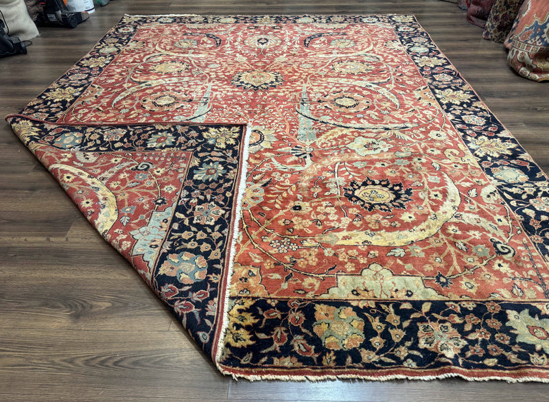 Indian Agra Rug 9x11, Terracotta and Navy Blue, Sickle Leaf Rug by Jewel Rugs