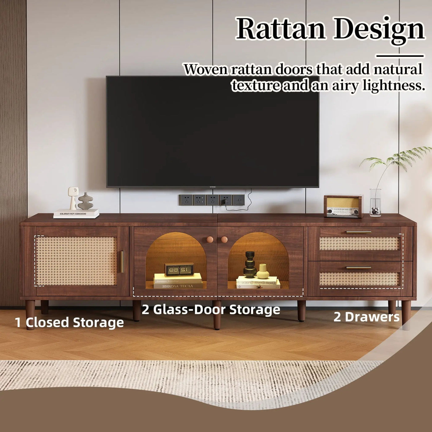 TV Stand With App-Controlled LED Lights, 2 Drawers & Door Storage by HouseOfZazla