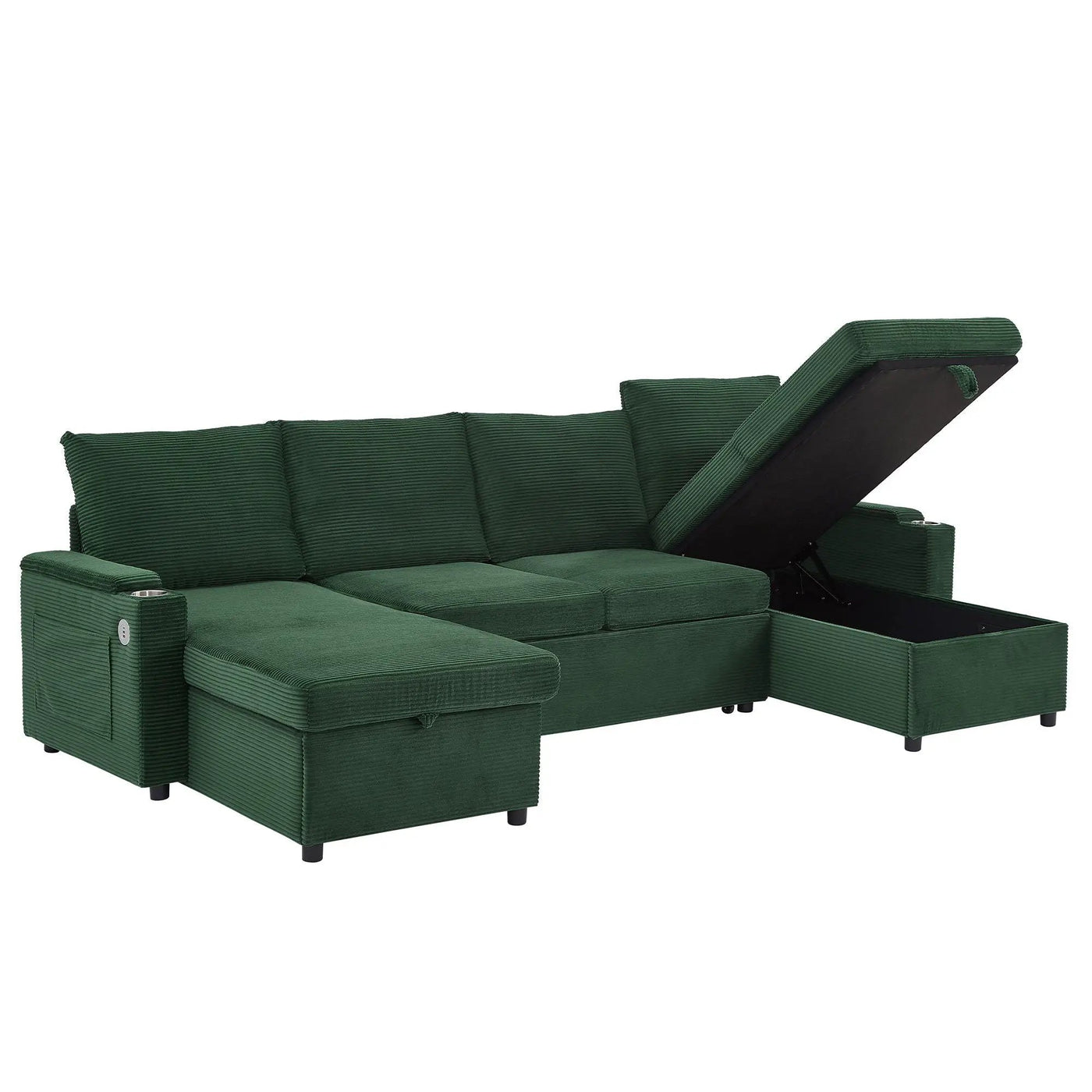 U Shaped Sectional Sofa Bed With Storage Chaise Lounges, USB Ports, And Cup Holders by HouseOfZazla